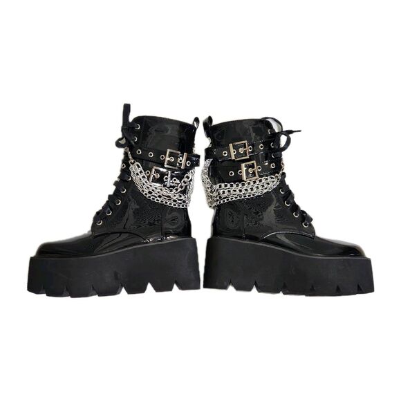 Gothic Punk Biker Patent Faux Leather Platform Wedge Boots Chain Buckle 36/6.5 - Picture 6 of 11
